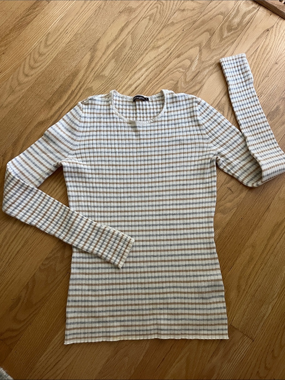 J. McLaughlin Cream Ribbed Long Sleeve Tee with Tan & Light Blue Stripes